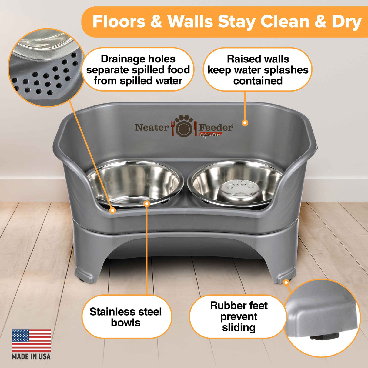 Picture explaining the benefits of the Neater Feeder: drainage holes, raised walls, stainless steel bowls, and rubber feet.