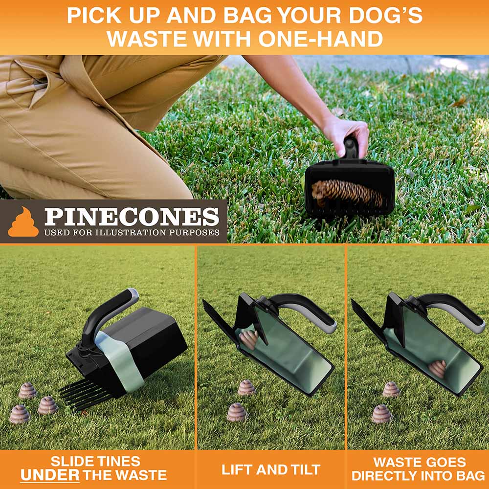 A collection of images showing how to properly use the Lift N' Bag. Slide tines under the waste, lift and tilt, waste goes directly into the bag.