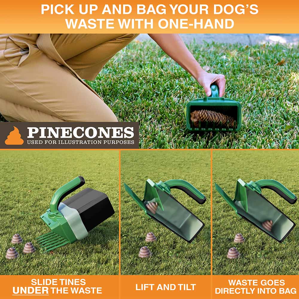 A collection of images showing how to properly use the Lift N' Bag. Slide tines under the waste, lift and tilt, waste goes directly into the bag.