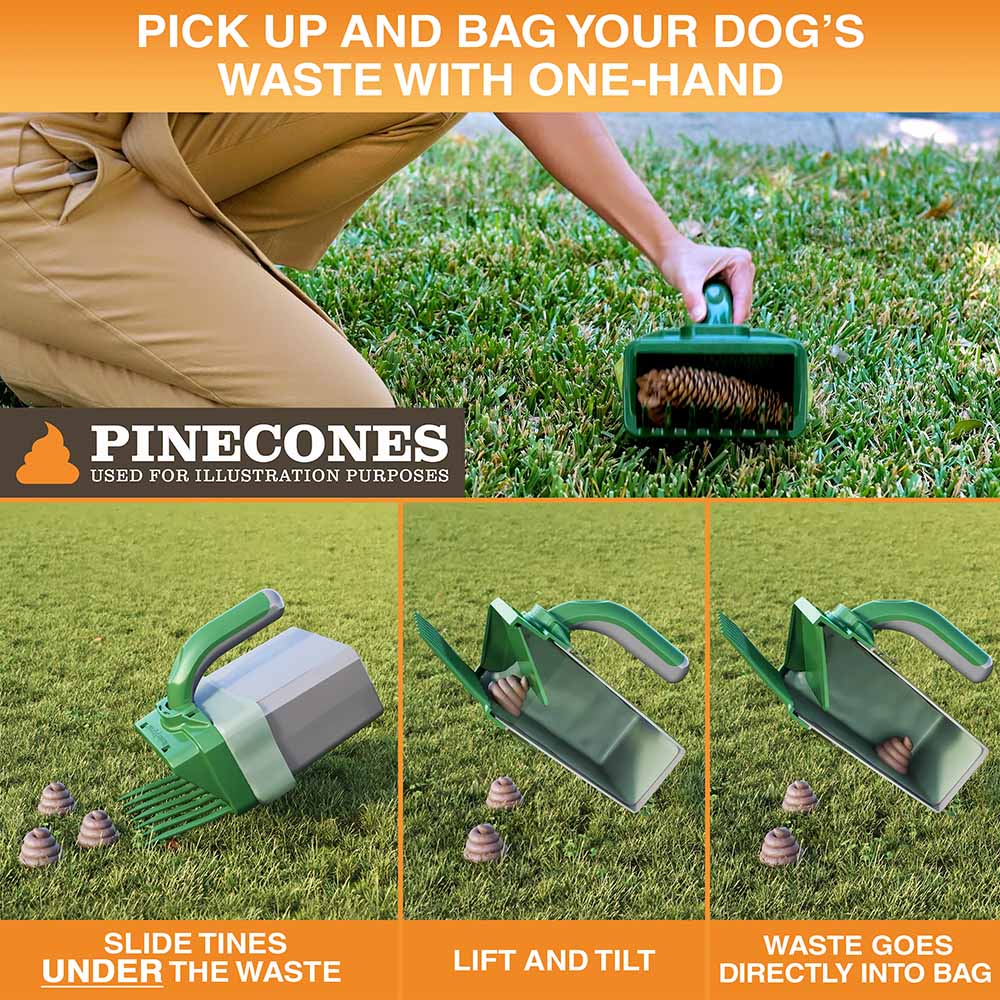 A collection of images showing how to properly use the Lift N' Bag. Slide tines under the waste, lift and tilt, waste goes directly into the bag.