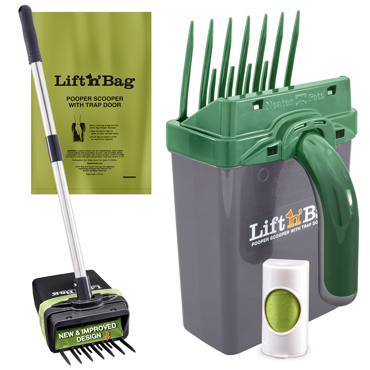 Pet waste management product set with 'Lift n Bag' pooper scooper and container on a white background