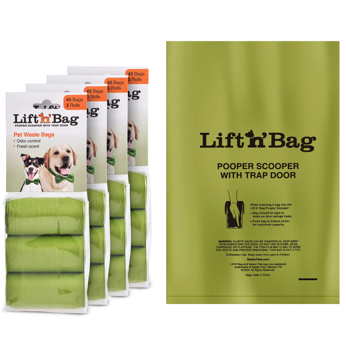Image of the Lift N' Bag replacement bags. One is laid flat to show the height and the other displays a four-pack of 3 rolls against a white background.