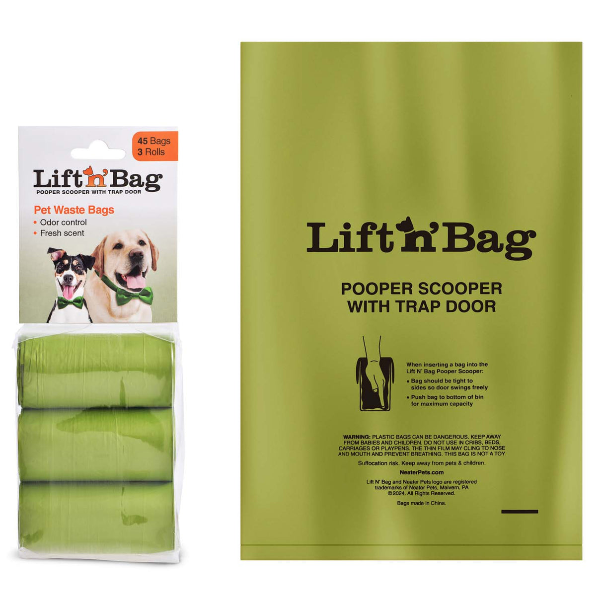 Image of the Lift N' Bag replacement bags. One is laid flat to show the height and the other displays a pack of 3 rolls against a white background.