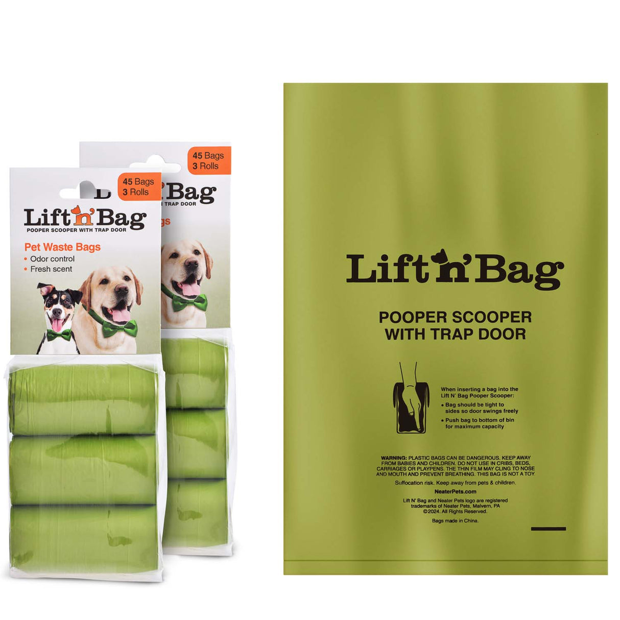 Image of the Lift N' Bag replacement bags. One is laid flat to show the height and the other displays a two-pack of 3 rolls against a white background.