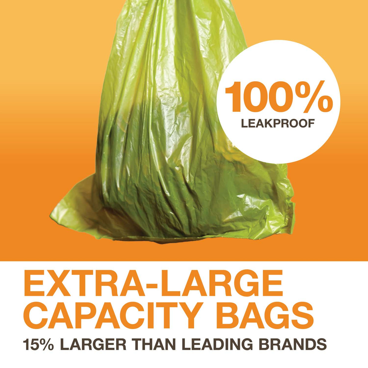 A picture of a full Lift N' Bag bag with "100% leakproof" written next to it. Text on screen reads: Extra-large capacity bags 15% larger than leading brands.