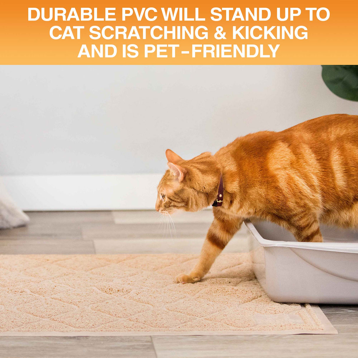 Cat using a litter box on a beige mat with text about durable PVC material