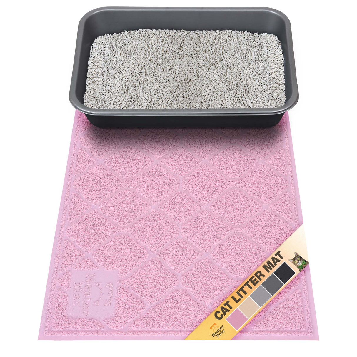 Pink cat litter mat with a litter box on top, featuring a brand label with color swatches (pink, beige, gray, charcoal gray, and black).