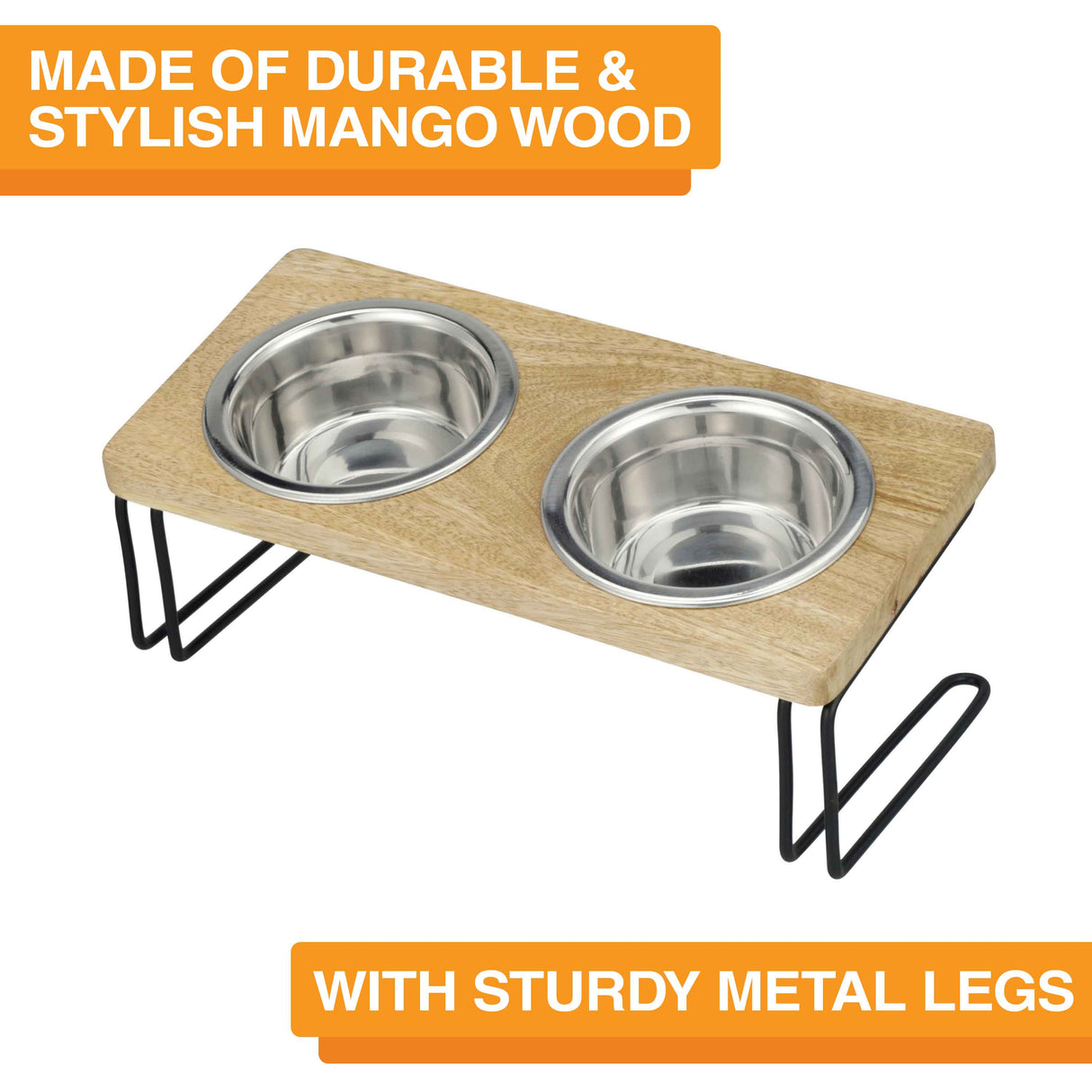 Image showing feeder and explaining that is made of durable mango wood with sturdy metal legs with a feeder in the middle.