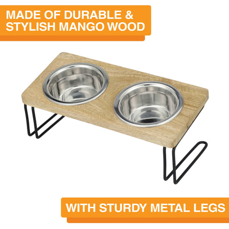 Image showing feeder and explaining that is made of durable mango wood with sturdy metal legs with a feeder in the middle.