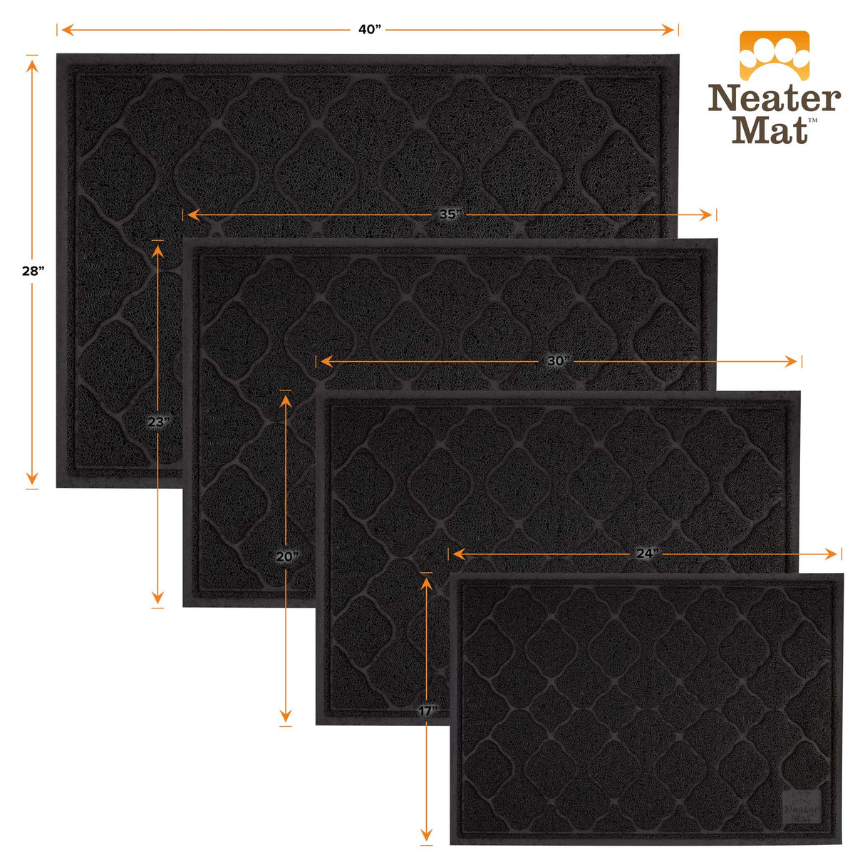 Litter mats are available in four sizes: 17 by 24, 20 by 30, 23 by 35, and 28 by 40.
