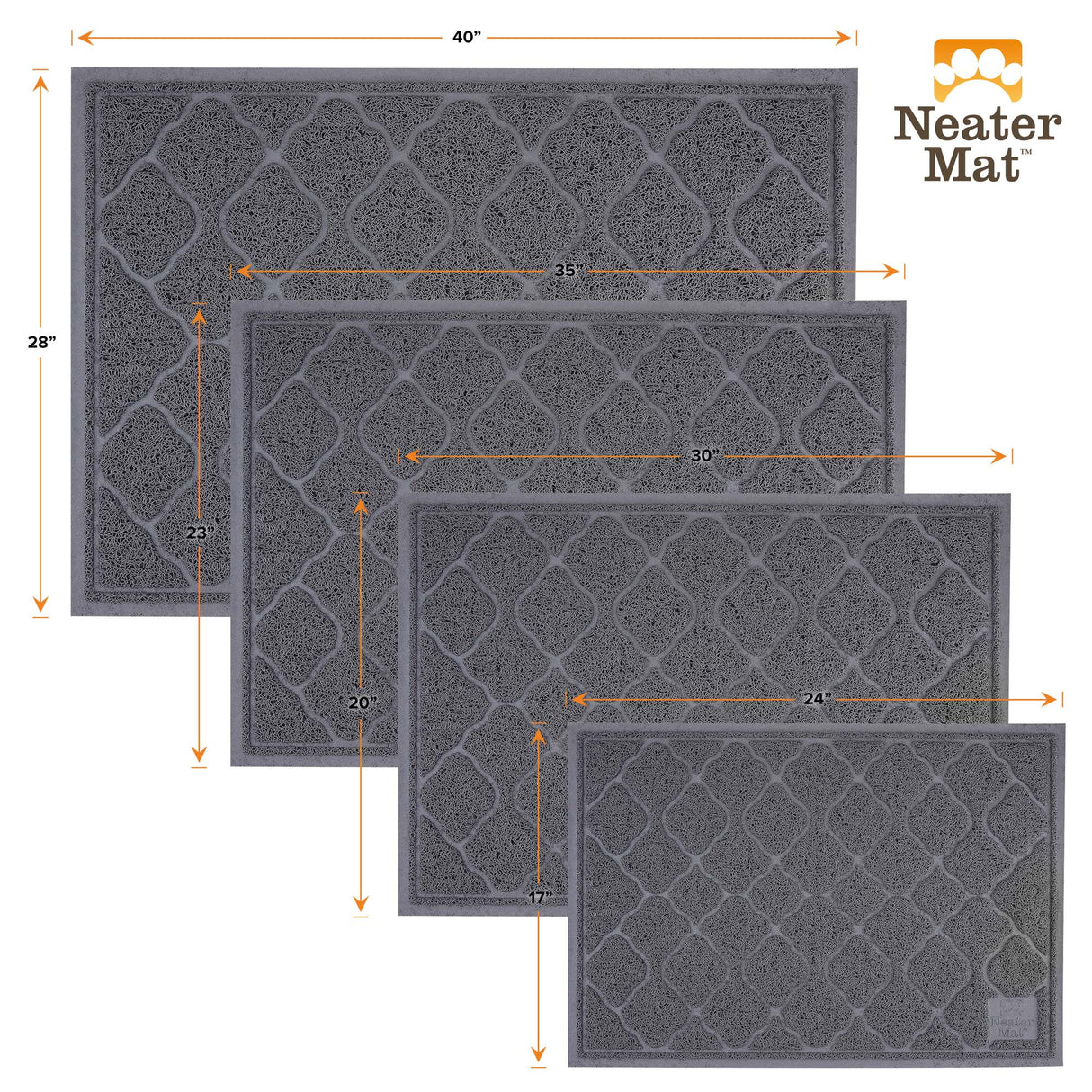 Litter mats are available in four sizes: 17 by 24, 20 by 30, 23 by 35, and 28 by 40.