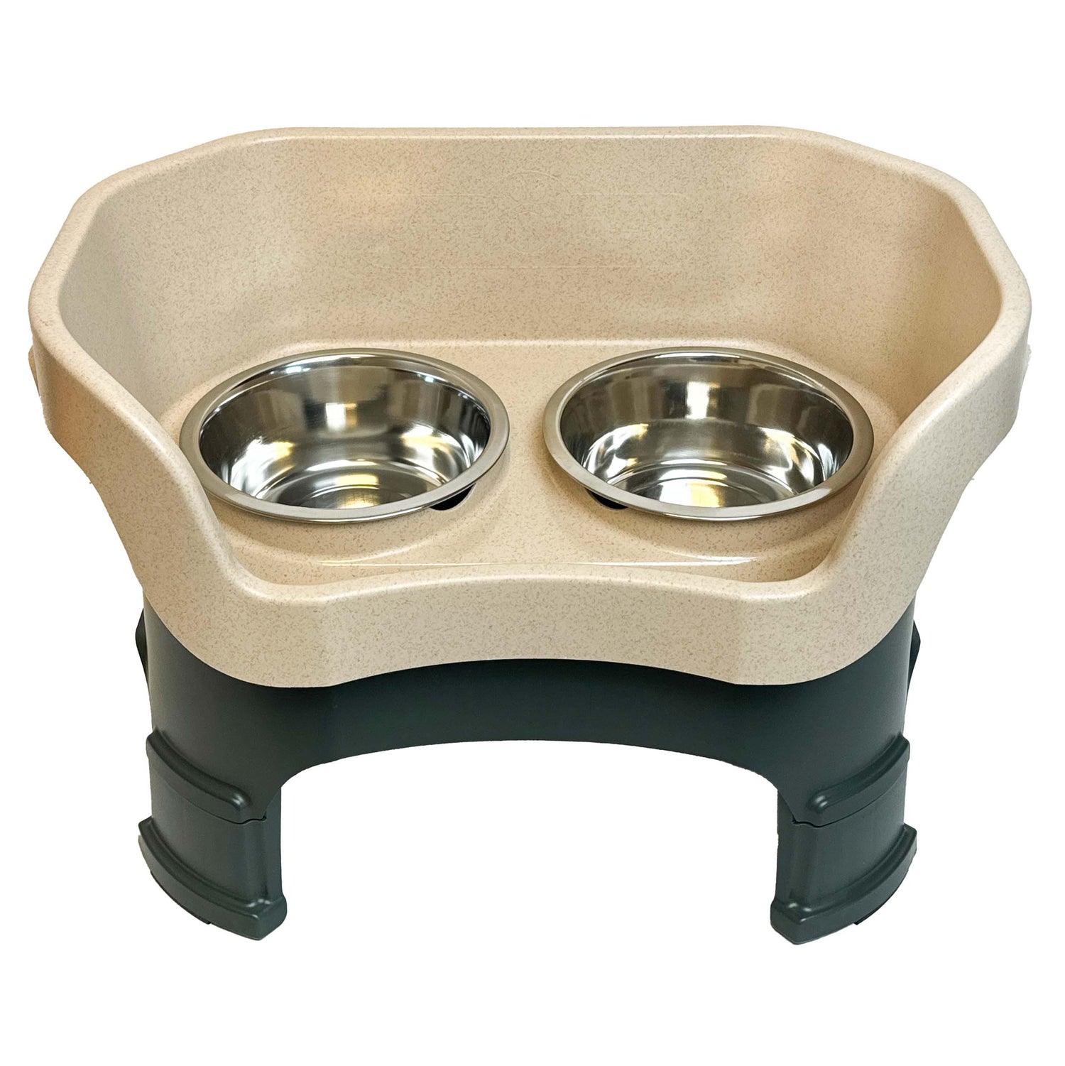 Top Angle Neater Feeder with Leg Extensions Medium Size in Hunter Green and Stone with two stainless steel bowls against a white background.