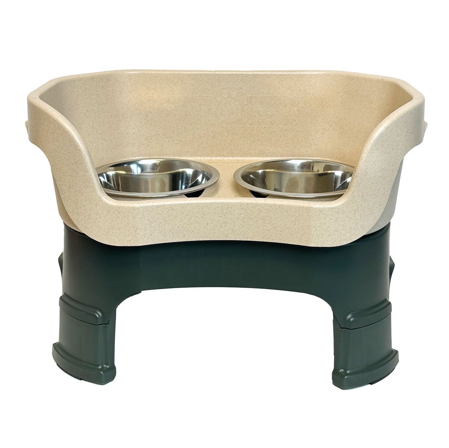 Neater Feeder Deluxe medium in Hunter Green and Stone with two stainless steel bowls against a white background.