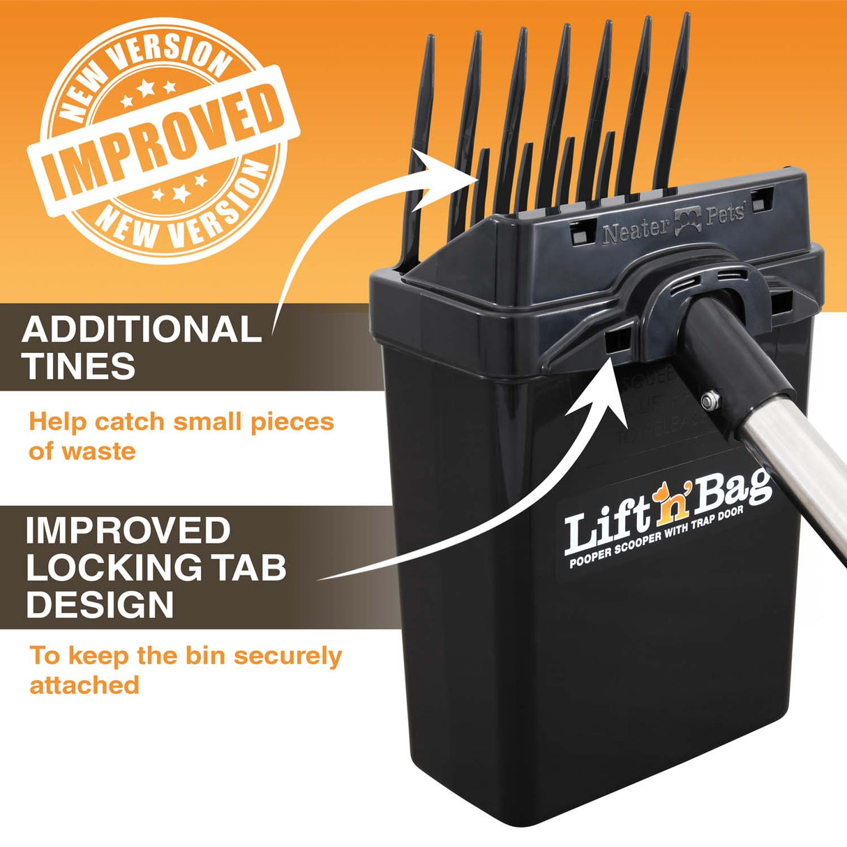 Image showing the new and improved additional tines and the improved locking tab design. An enlarged Lift N' Bag is on screen with arrows pointing to these features.