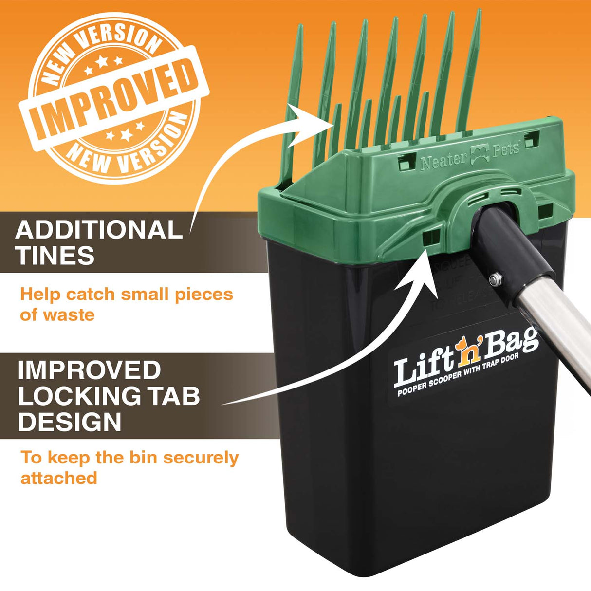 Image showing the new and improved additional tines and the improved locking tab design. An enlarged Lift N' Bag is on screen with arrows pointing to these features.
