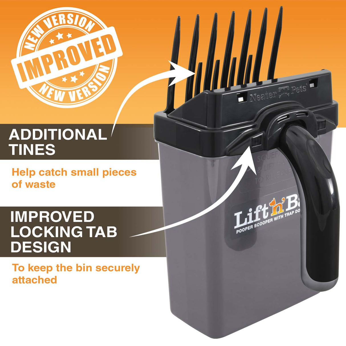 Image showing the new and improved additional tines and the improved locking tab design. An enlarged Lift N' Bag is on screen with arrows pointing to these features.