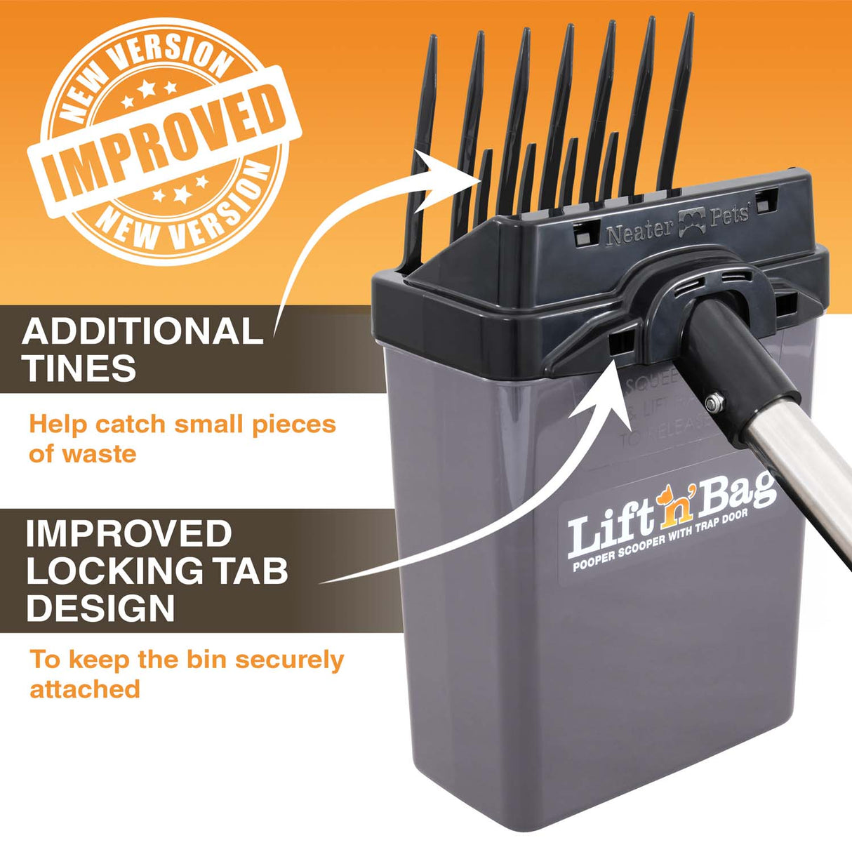 Image showing the new and improved additional tines and the improved locking tab design. An enlarged Lift N' Bag is on screen with arrows pointing to these features.