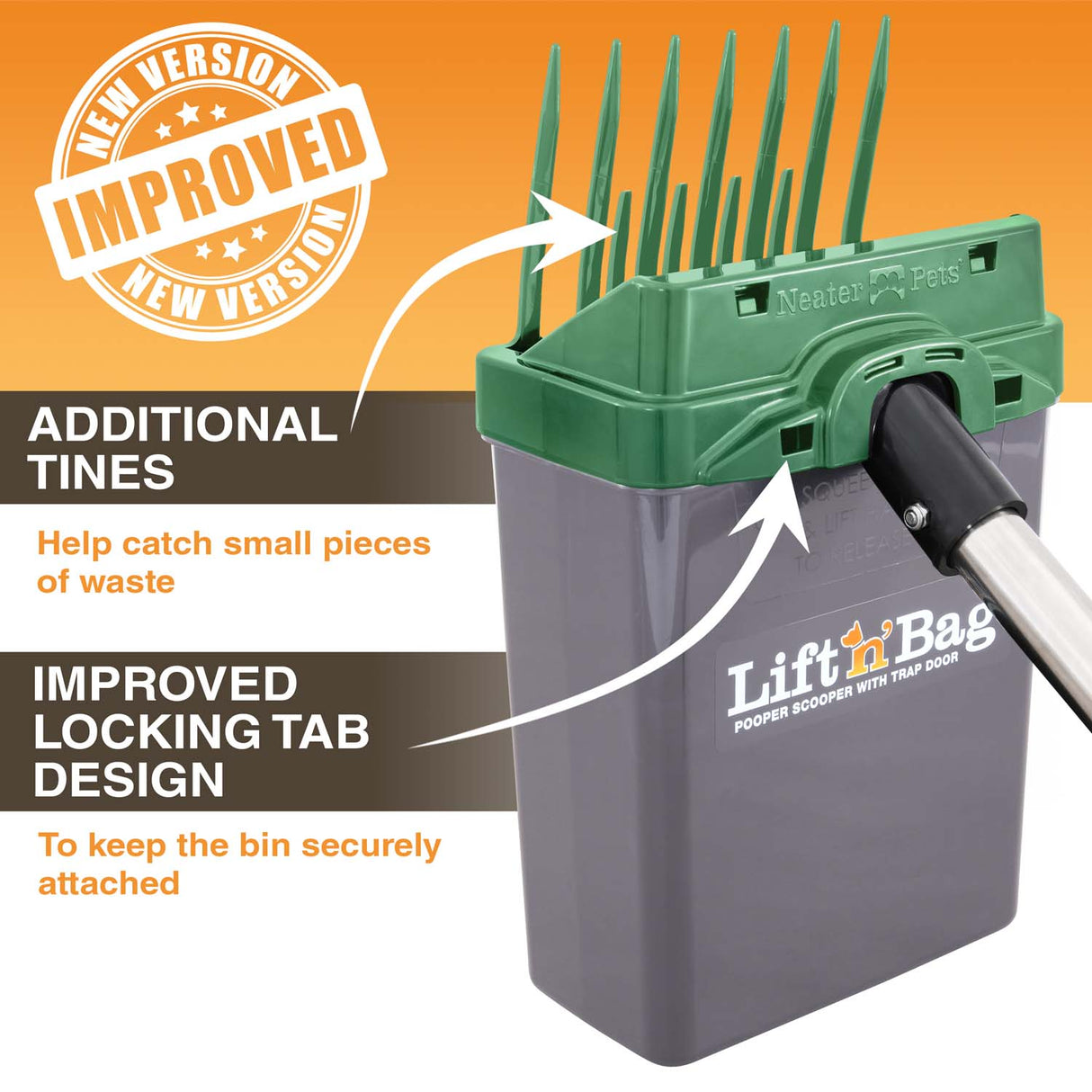 Image showing the new and improved additional tines and the improved locking tab design. An enlarged Lift N' Bag is on screen with arrows pointing to these features.