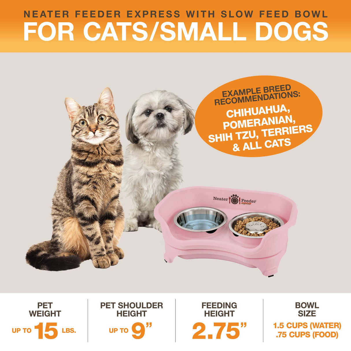 A diagram with sizing information for the small EXPRESS Neater Feeder with Stainless Steel Slow Feed Bowl. The picture displays the ideal pet weight, shoulder height, and the feeding height and bowl capacity.