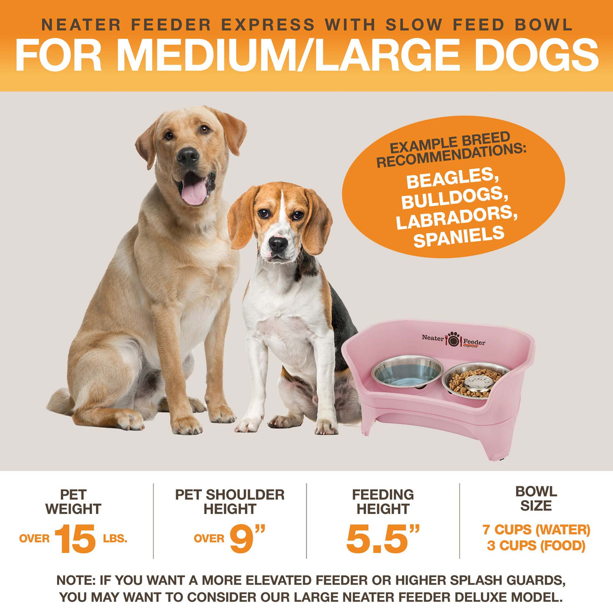 A diagram with sizing information for the medium to large EXPRESS Neater Feeder with Stainless Steel Slow Feed Bowl. The picture displays the ideal pet weight, shoulder height, and the feeding height and bowl capacity.