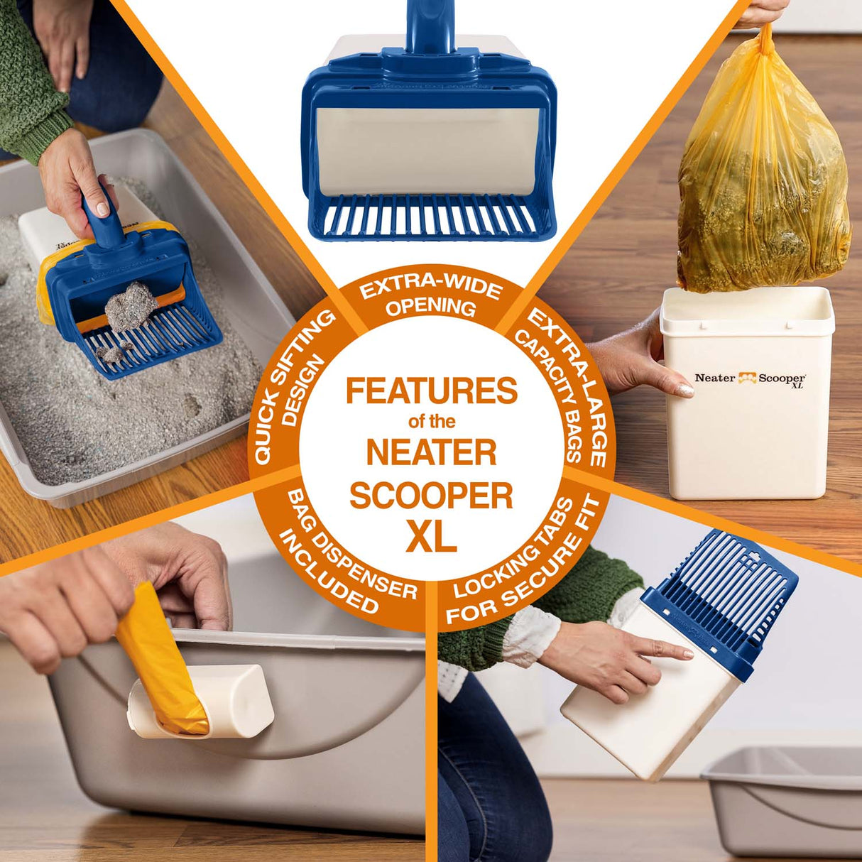 A 5-picture diagram showing the features of the XL, which include: extra wide opening, extra large capacity bags, locking tabs for a secure fit, bag dispenser included, and quick sifting design.