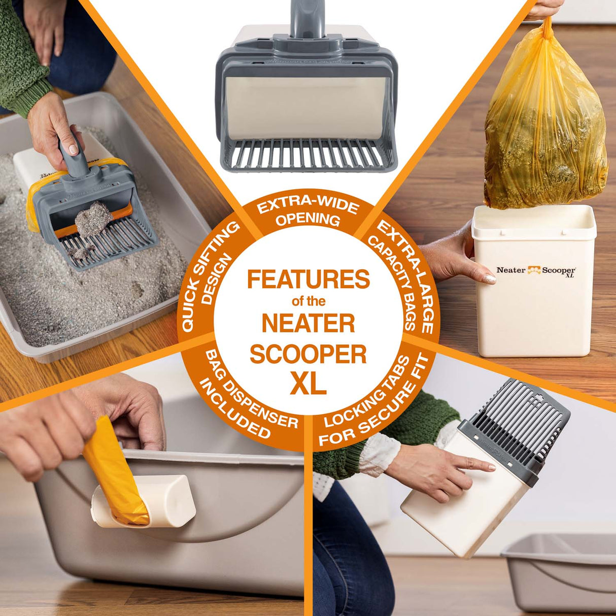 A 5-picture diagram showing the features of the XL, which include: extra wide opening, extra large capacity bags, locking tabs for a secure fit, bag dispenser included, and quick sifting design.