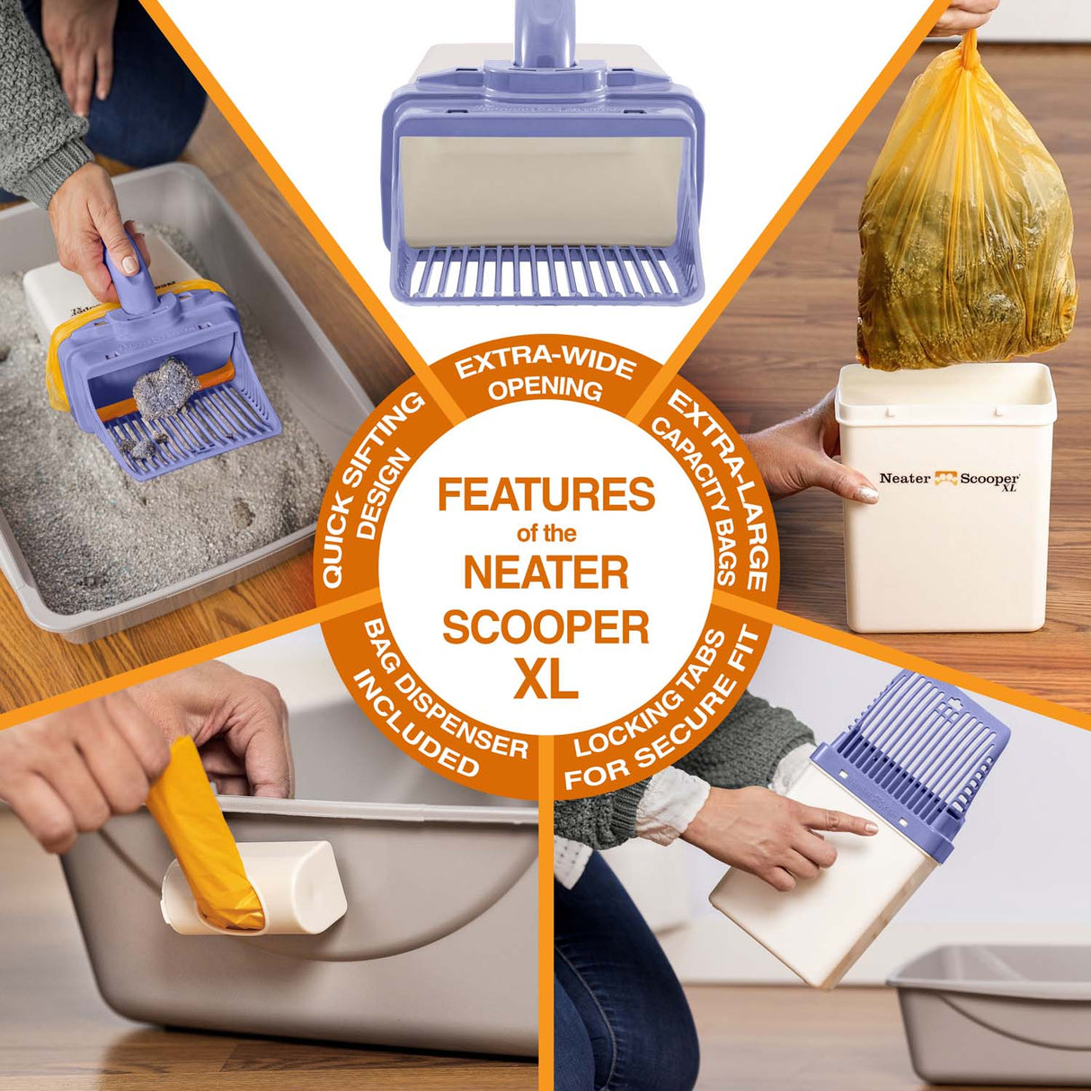 A 5-picture diagram showing the features of the XL, which include: extra wide opening, extra large capacity bags, locking tabs for a secure fit, bag dispenser included, and quick sifting design.