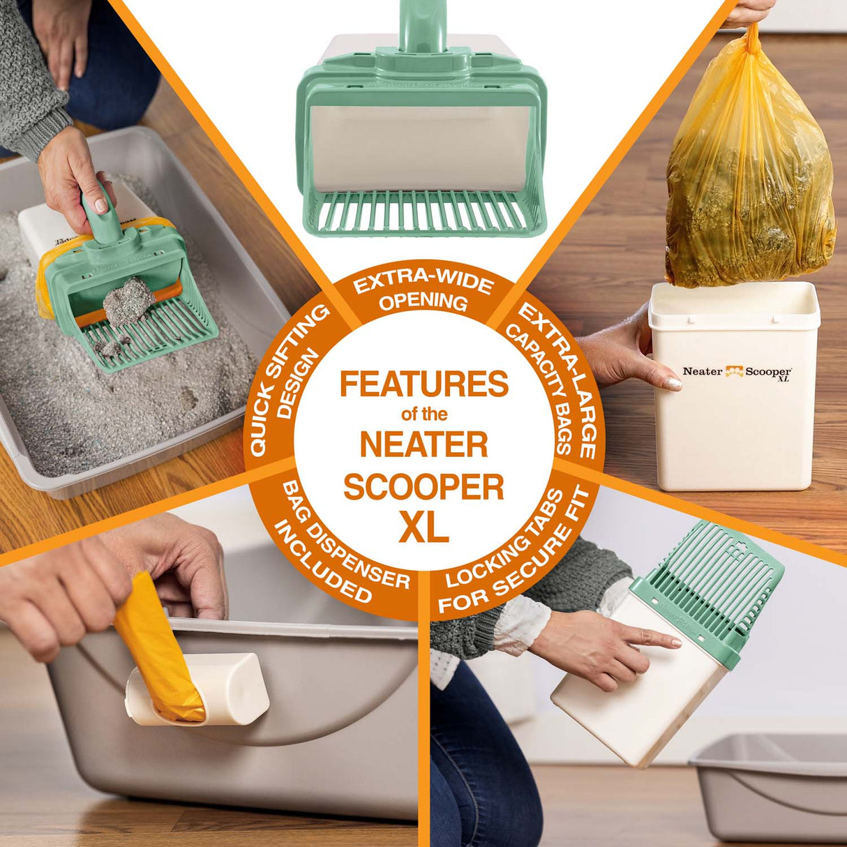 A 5-picture diagram showing the features of the XL, which include: extra wide opening, extra large capacity bags, locking tabs for a secure fit, bag dispenser included, and quick sifting design.