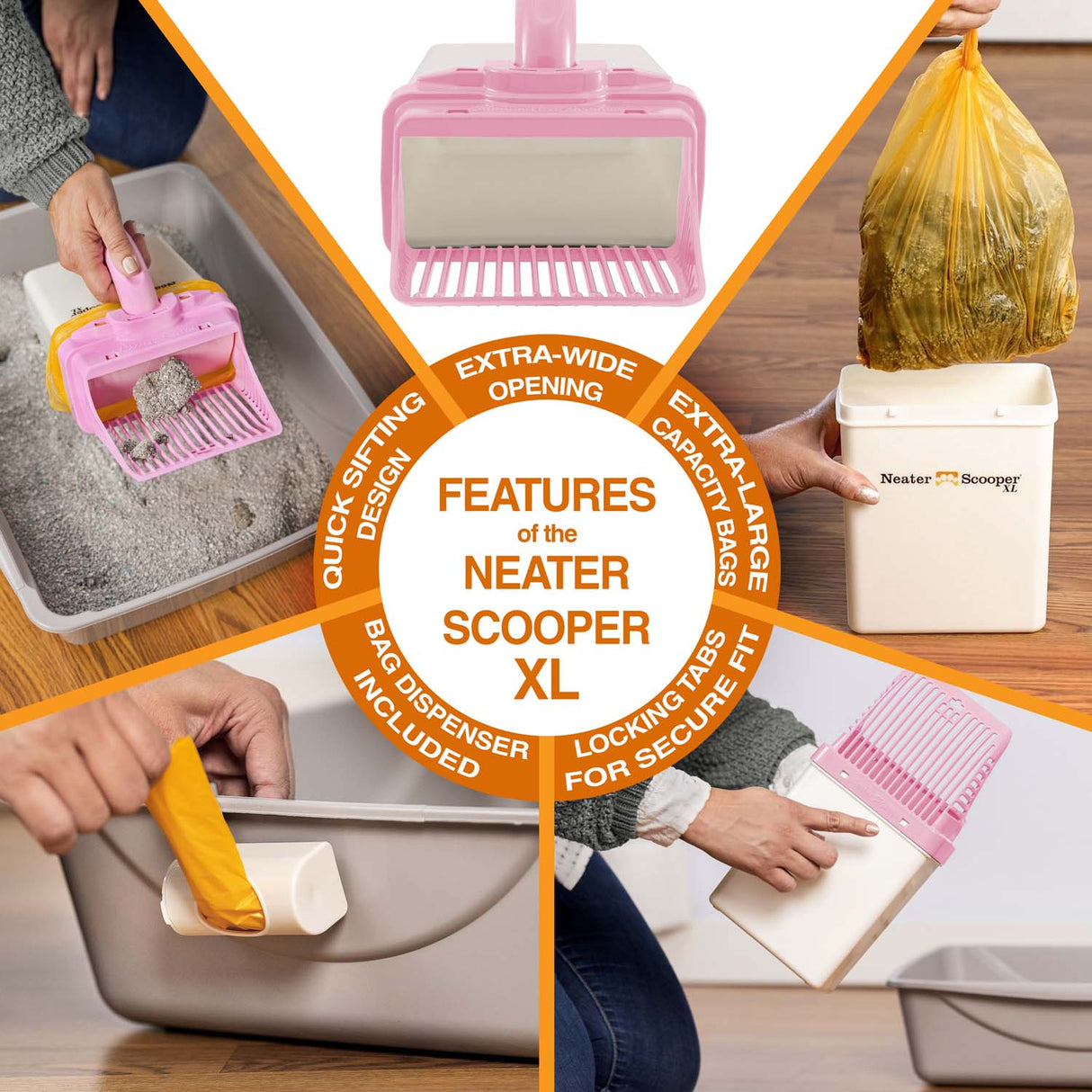 A 5-picture diagram showing the features of the XL, which include: extra wide opening, extra large capacity bags, locking tabs for a secure fit, bag dispenser included, and quick sifting design.