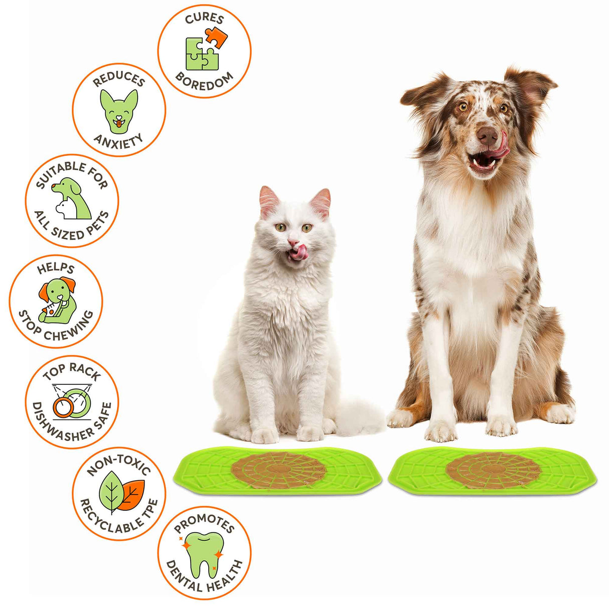 Cat and Dog sitting with the Neat-Lik Mats, explaining the benefits of the mat, which include: cures boredom, reduces anxiety, promotes dental health, and more.