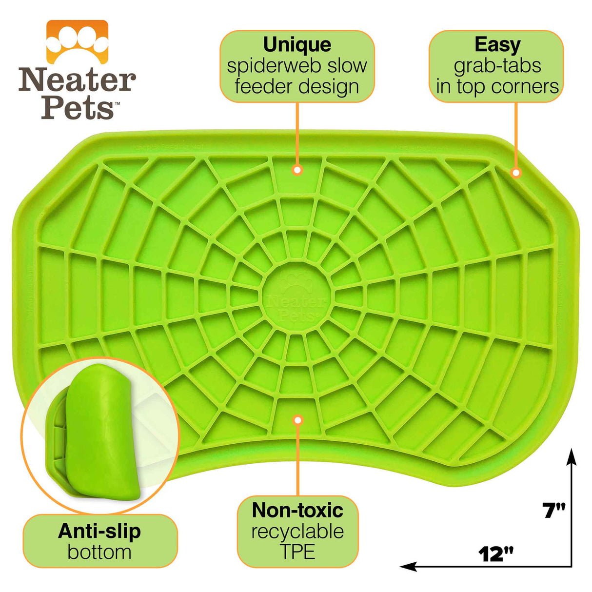 Diagram of the Neat-Lik Mat showing the features that consist of: unique spiderweb slow feed design, easy grab tabs, anti-slip bottom, and non-toxic.