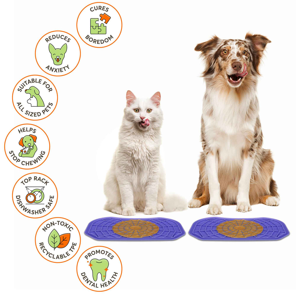 Cat and Dog sitting with the Neat-Lik Mats, explaining the benefits of the mat, which include: cures boredom, reduces anxiety, promotes dental health, and more.