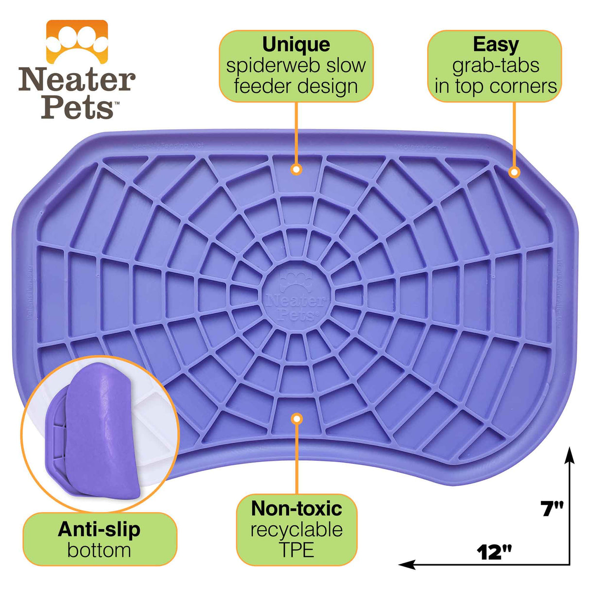 Diagram of the Neat-Lik Mat showing the features that consist of: unique spiderweb slow feed design, easy grab tabs, anti-slip bottom, and non-toxic.
