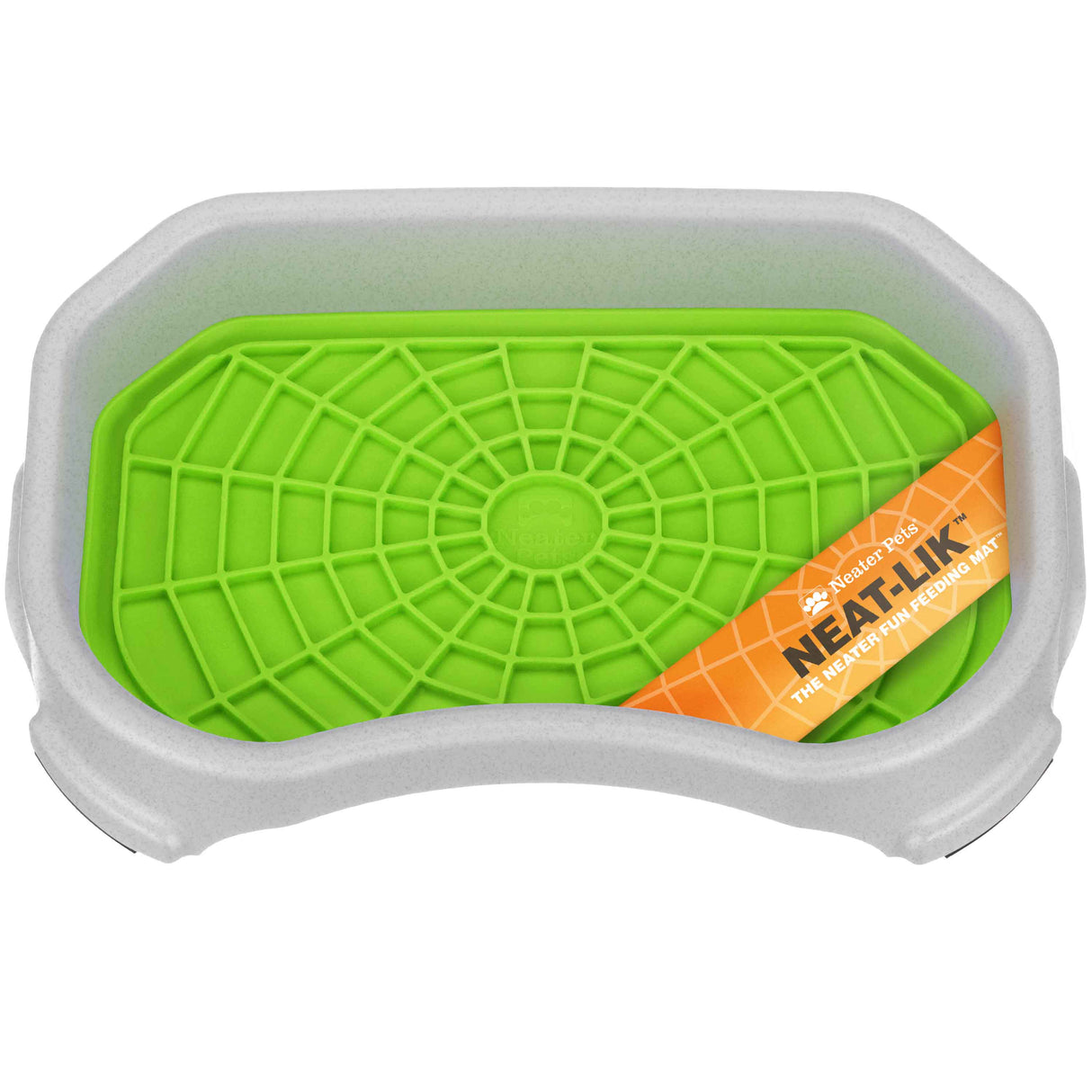 The green Neat-Lik Mat inside the vanilla bean protective tray on a white background.