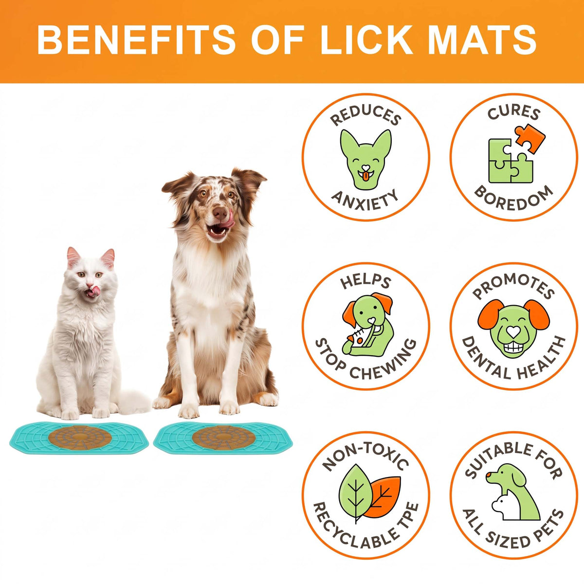 Benefits of the aquamarine Neat-Lik Express licking mat for dogs and cats: reduces anxiety, cures boredom, stops chewing, promotes dental health, non-toxic TPE, suits all sized pets