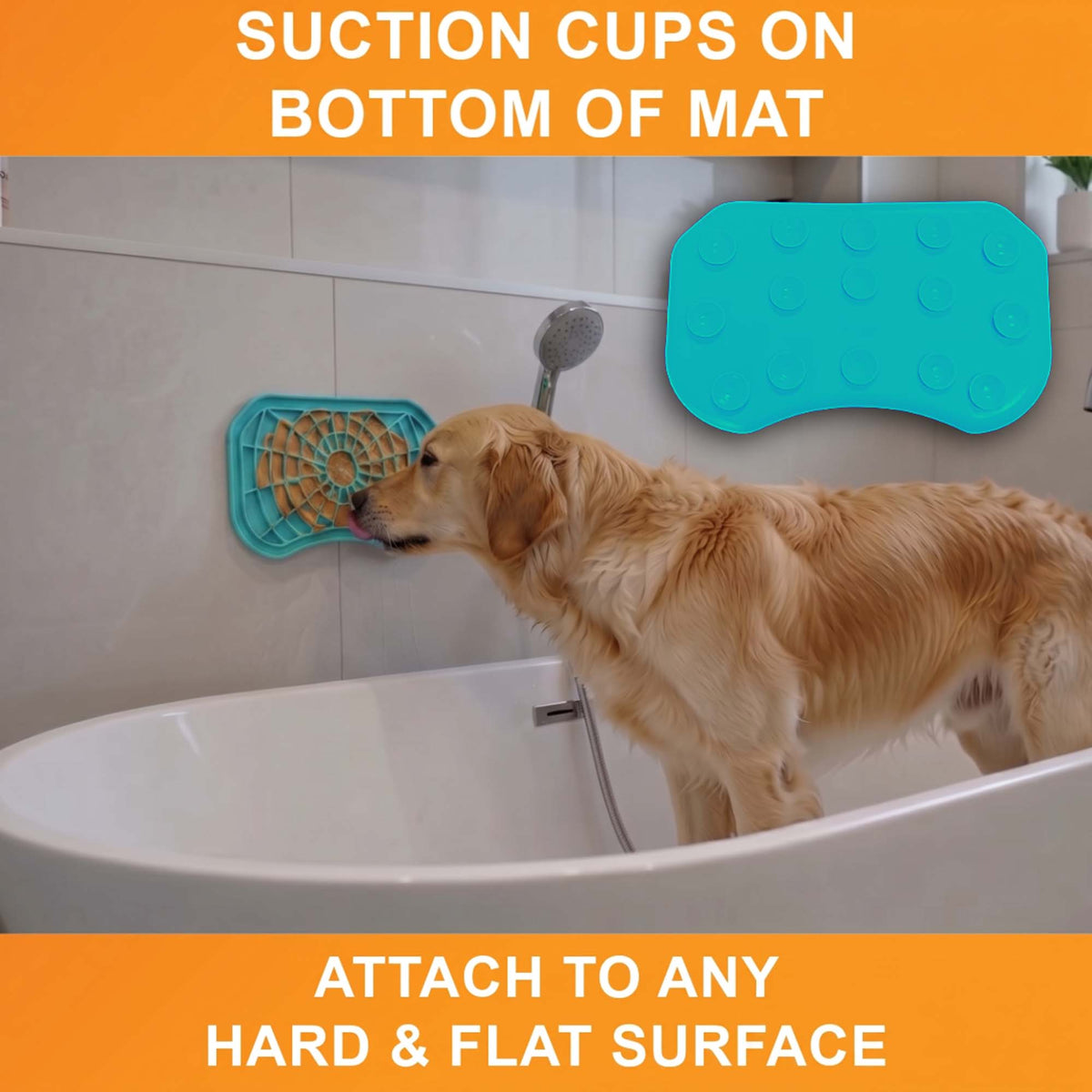 Suction cups on the bottom of the aquamarine Neat-Lik Express licking mat attach it to any hard, flat surface, here a bathtub wall for a golden retriever