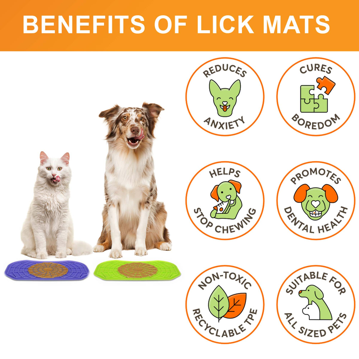 Benefits of the purple and green Neat-Lik Express licking mats for dogs and cats: reduces anxiety, cures boredom, stops chewing, promotes dental health, non-toxic TPE, suits all sized pets