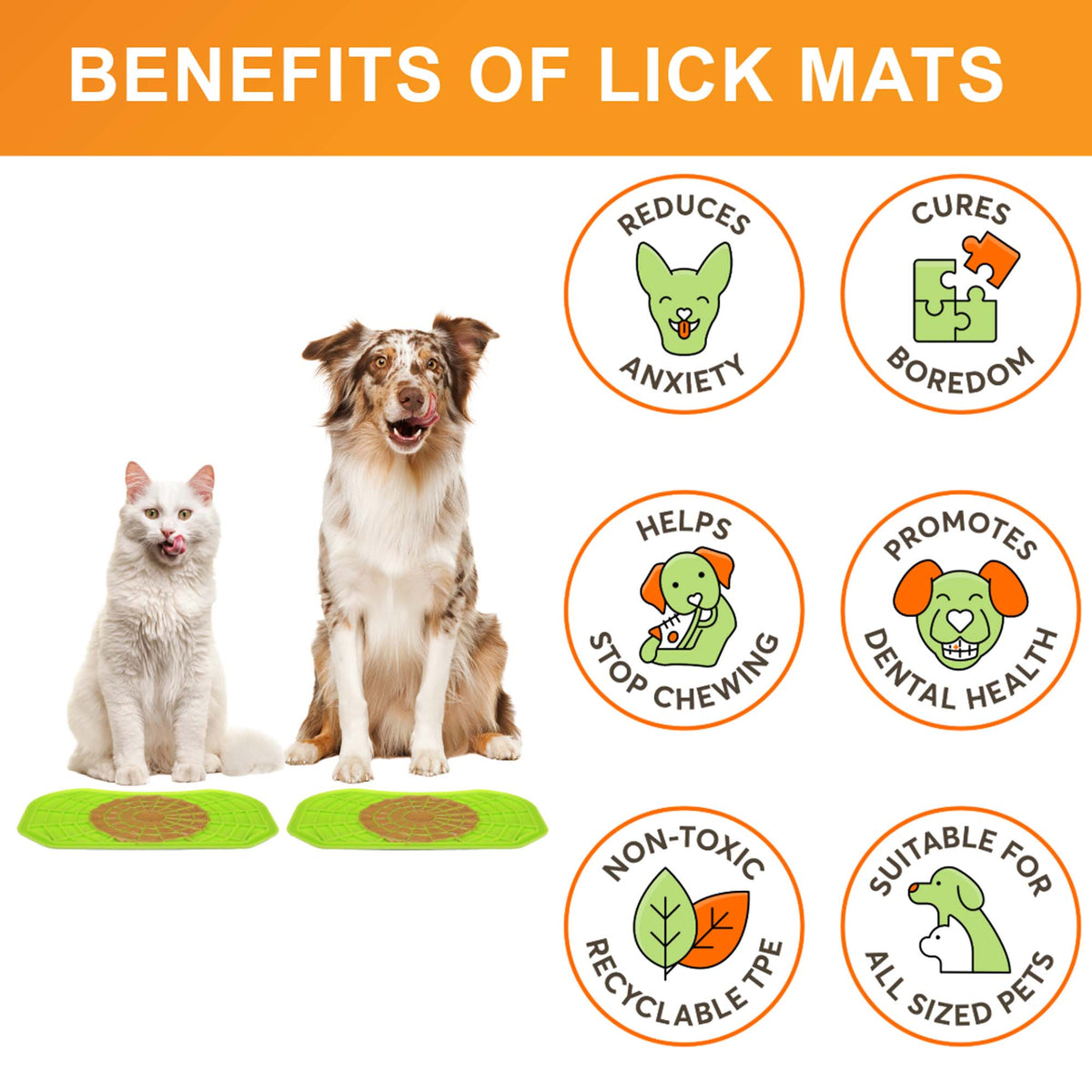 Benefits of the green Neat-Lik Express licking mat for dogs and cats: reduces anxiety, cures boredom, stops chewing, promotes dental health, non-toxic TPE, suits all sized pets