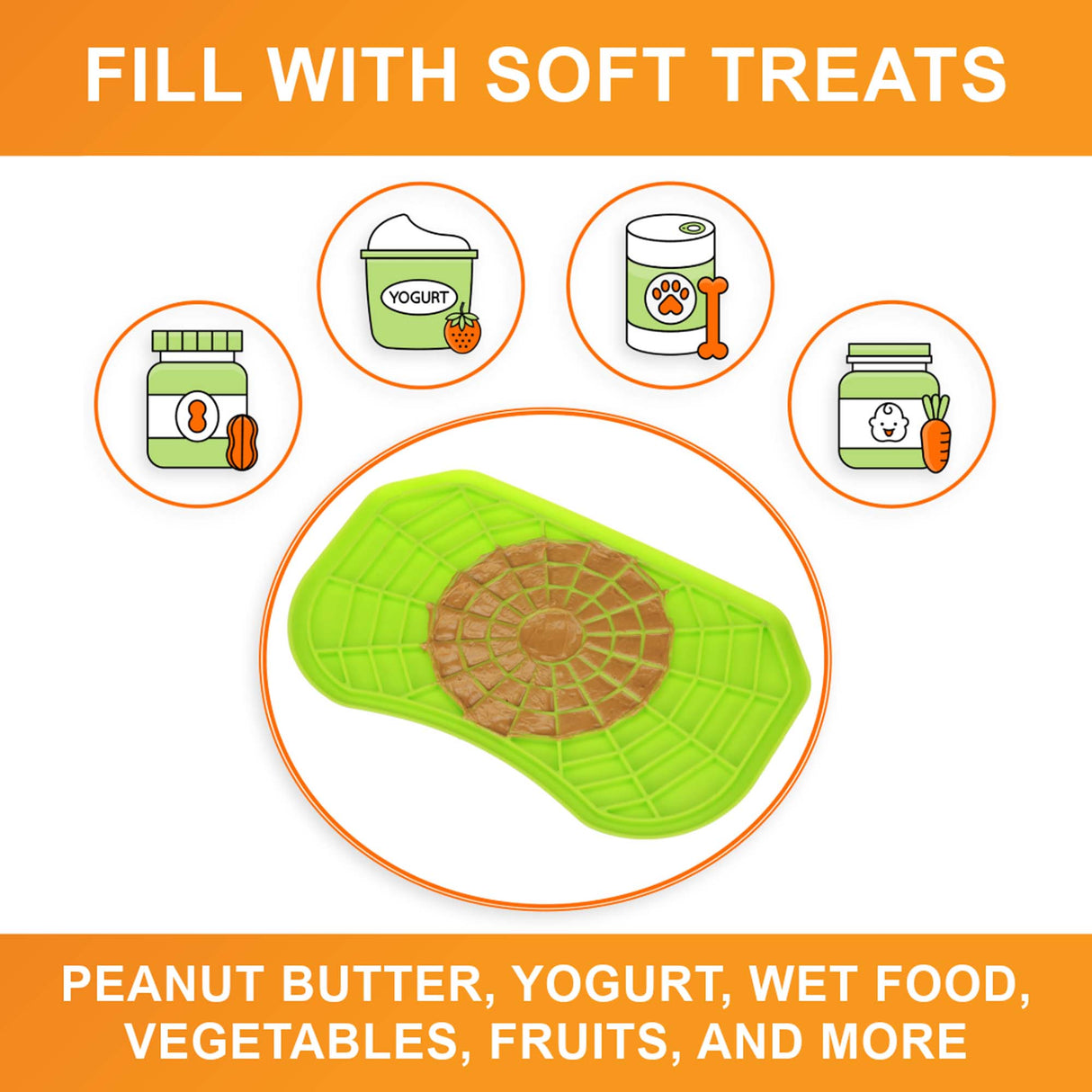 A picture of the Neat-Lik mat with the text "Fill with soft treats peanut butter, yogurt, wet food, vegetables, fruits, and more"