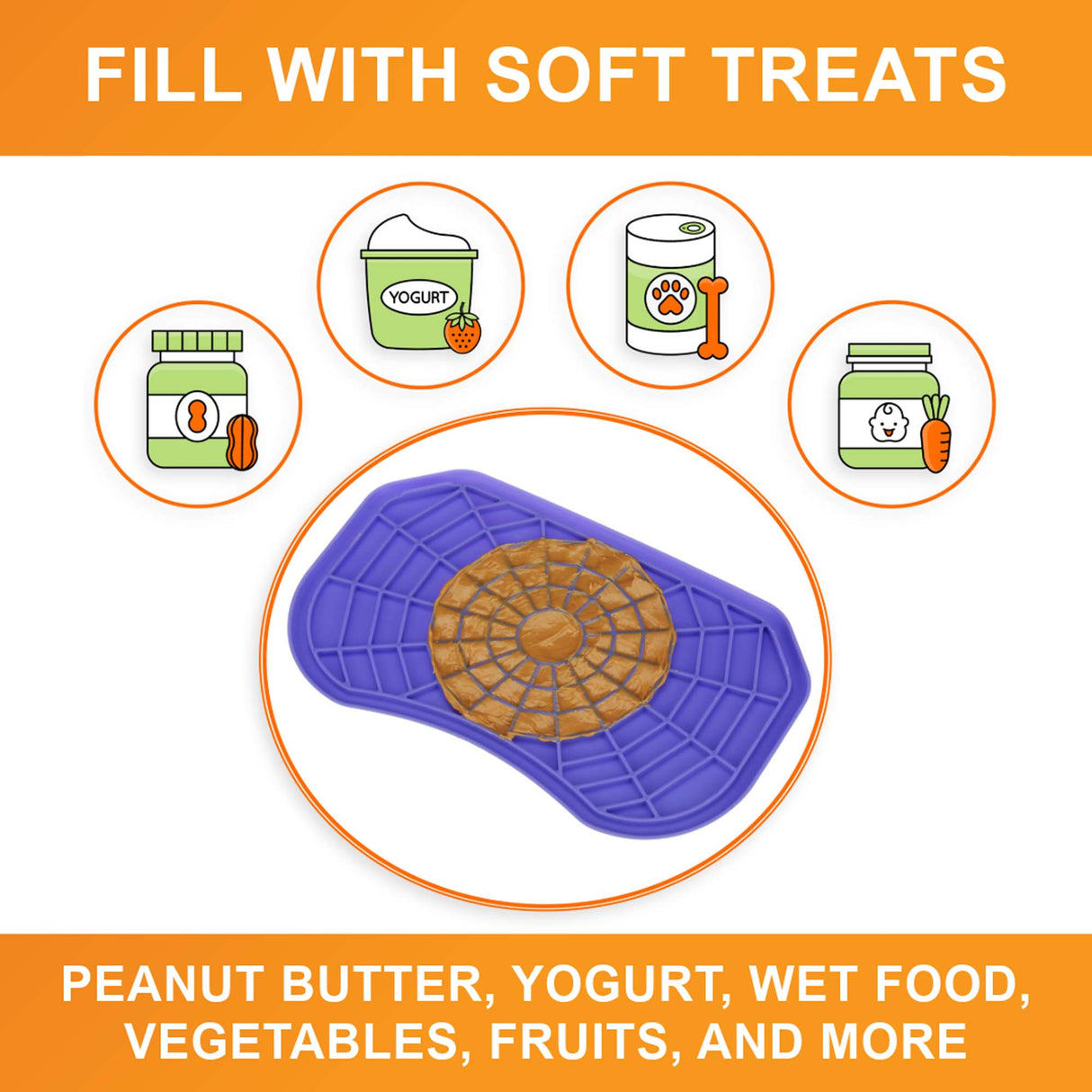 A picture of the Neat-Lik mat with the text "Fill with soft treats peanut butter, yogurt, wet food, vegetables, fruits, and more"