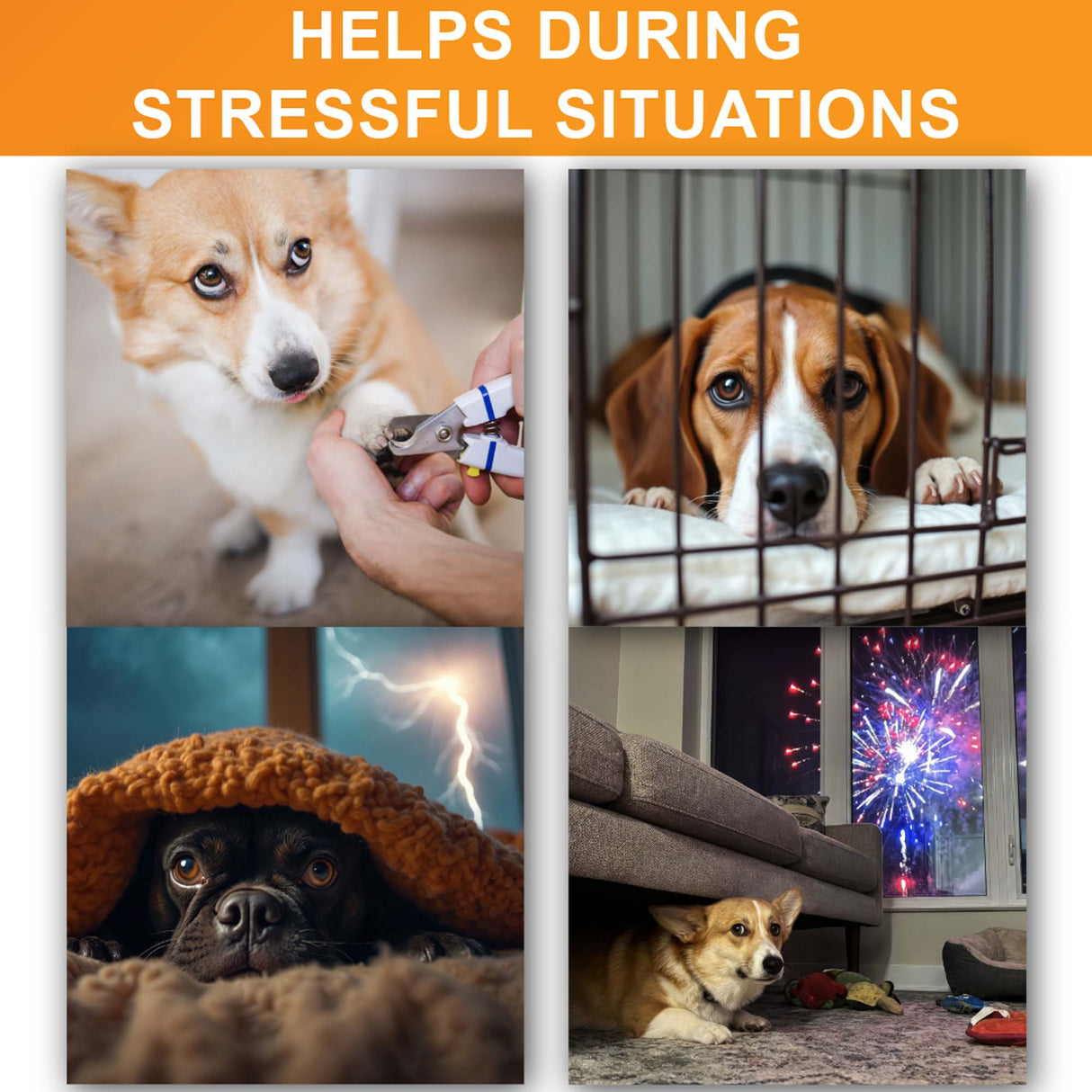 An image of dogs in stressful situations including nail trims, crate time, thunderstorms, and fireworks. The header says "Helps during stressful situations."