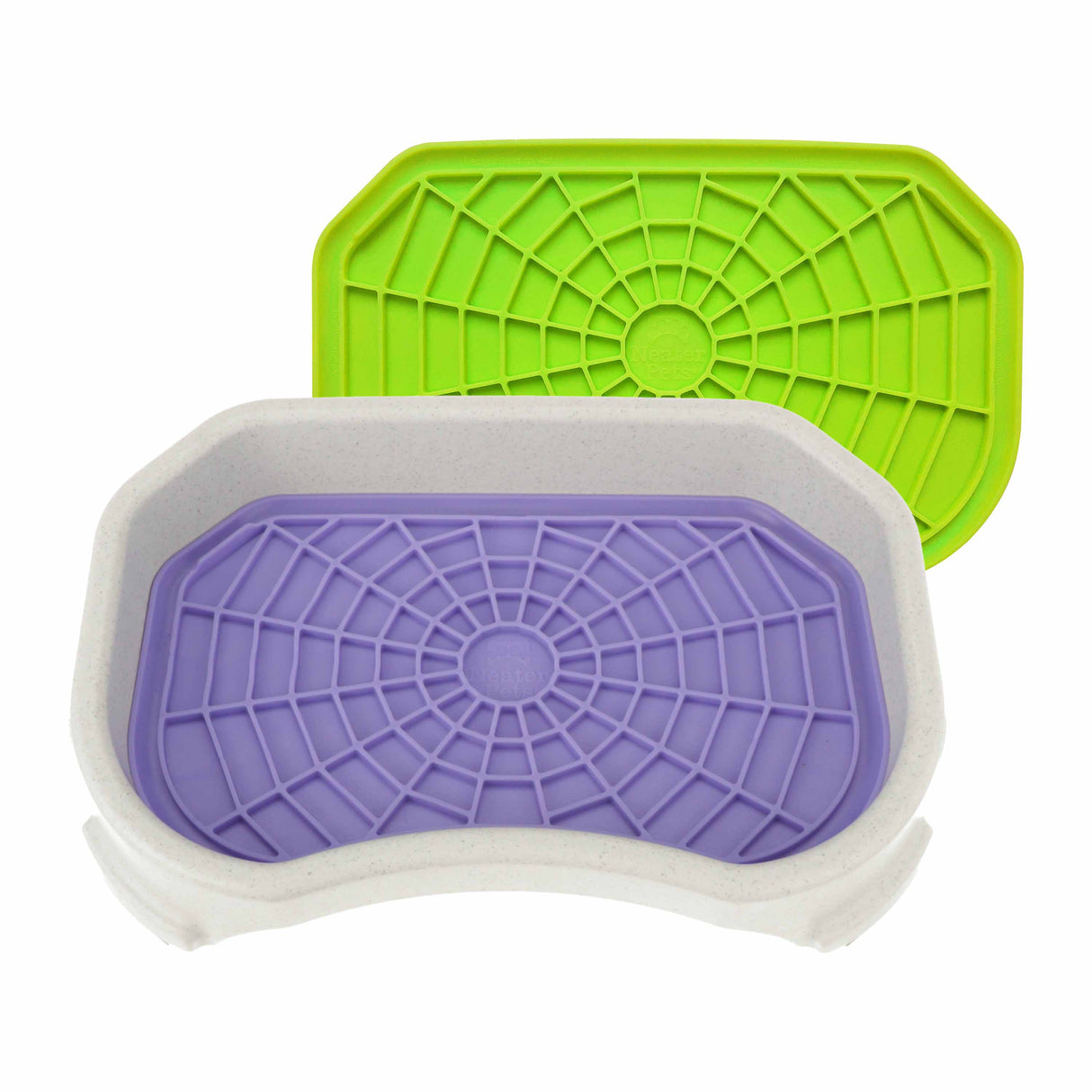 The purple Neat-Lik Mat inside the vanilla bean protective tray, with a green mat behind it on a white background.