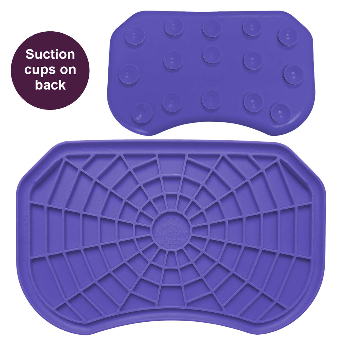 Purple Neat-Lik Express licking mat for dogs and cats, shown face up with its spiderweb licking surface and from the back with its suction cups