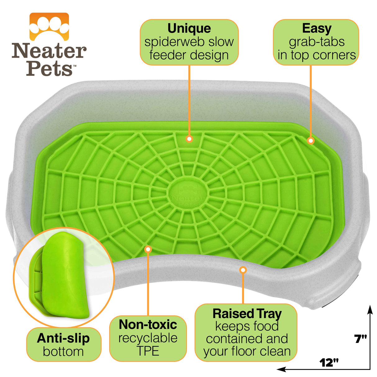 Diagram of the Neat-Lik Mat showing the features that consist of: unique spiderweb slow feed design, easy grab tabs, anti-slip bottom, non-toxic, and raised try to keep food contained.