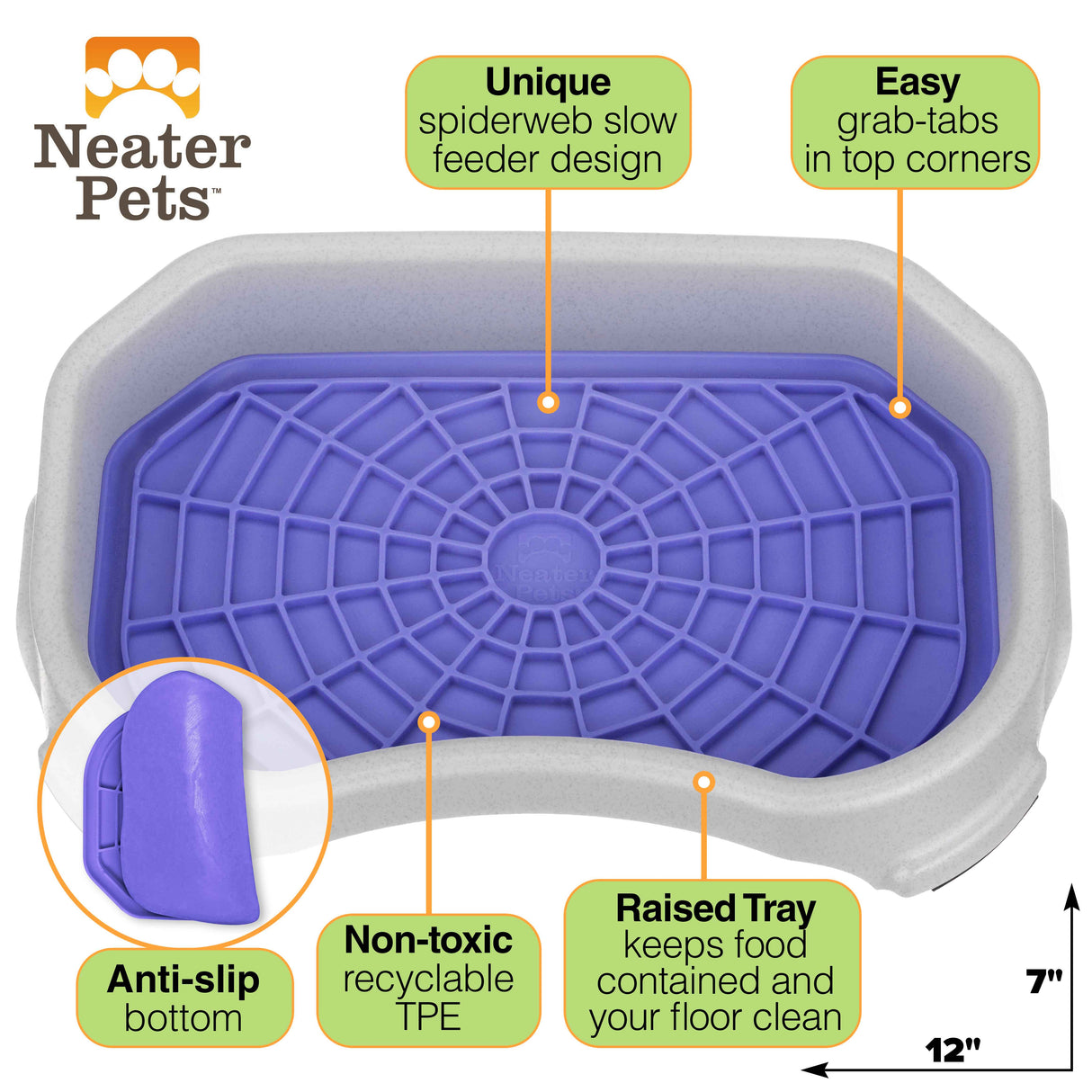 Diagram of the Neat-Lik Mat showing the features that consist of: unique spiderweb slow feed design, easy grab tabs, anti-slip bottom, non-toxic, and raised try to keep food contained.