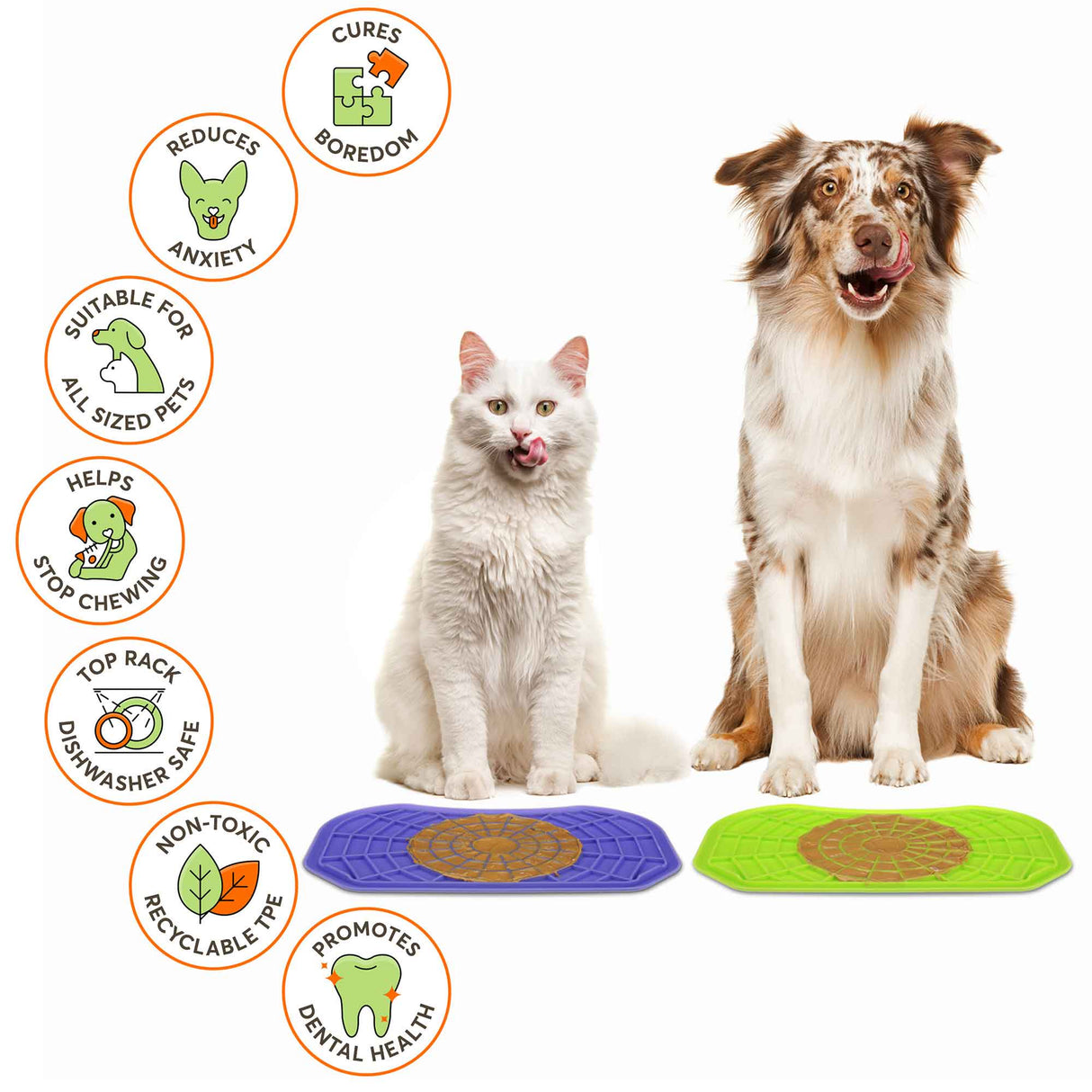 Cat and Dog sitting with the Neat-Lik Mats, explaining the benefits of the mat, which include: cures boredom, reduces anxiety, promotes dental health, and more.