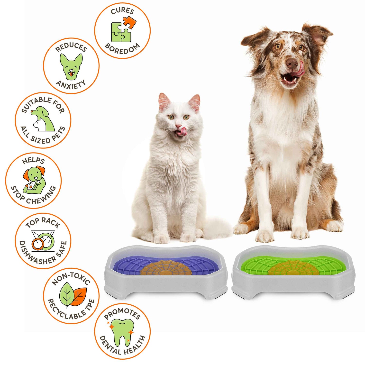 Cat and Dog sitting with the Neat-Lik Mats, explaining the benefits of the mat, which include: cures boredom, reduces anxiety, promotes dental health, and more.
