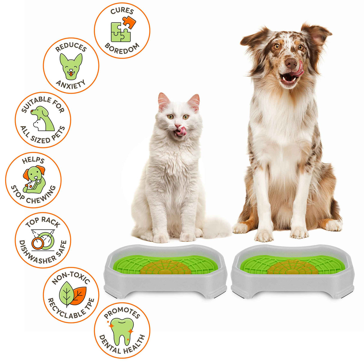 Cat and Dog sitting with the Neat-Lik Mats, explaining the benefits of the mat, which include: cures boredom, reduces anxiety, promotes dental health, and more.