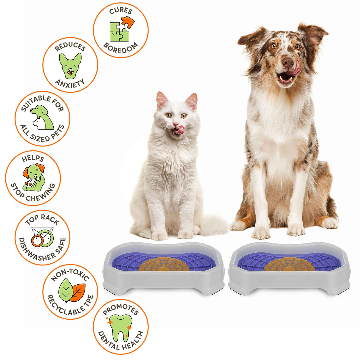 Cat and Dog sitting with the Neat-Lik Mats, explaining the benefits of the mat, which include: cures boredom, reduces anxiety, promotes dental health, and more.