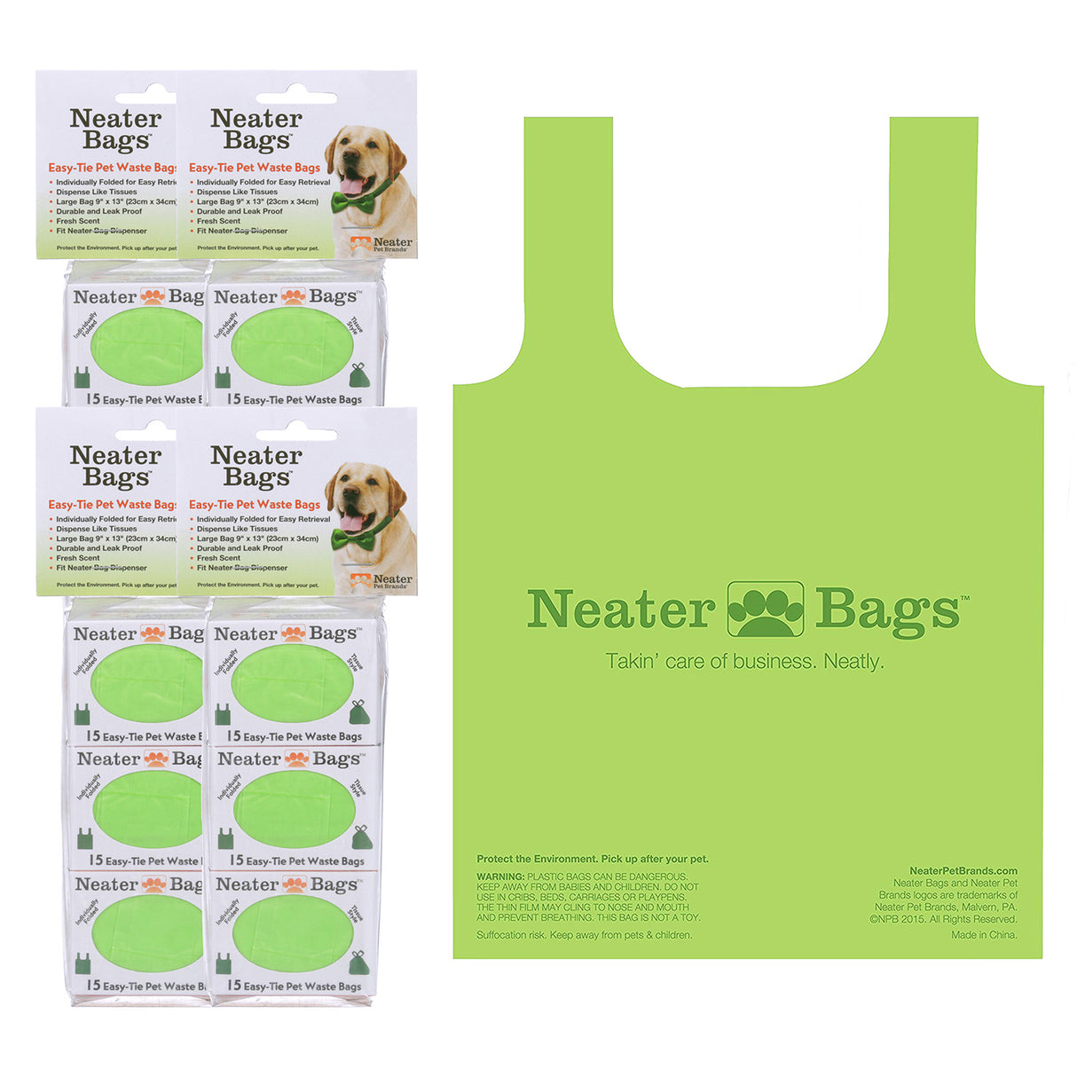 Four Neater Refill Bags in a package of three (180 bag count) on the left. On the right is a flat image of the bag when opened.